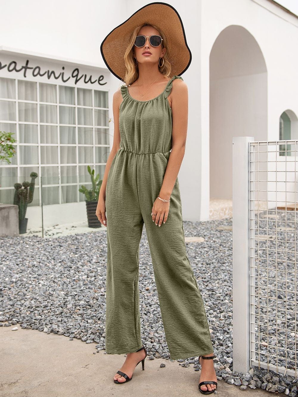 Solid Color Ruffle Strap Jumpsuit