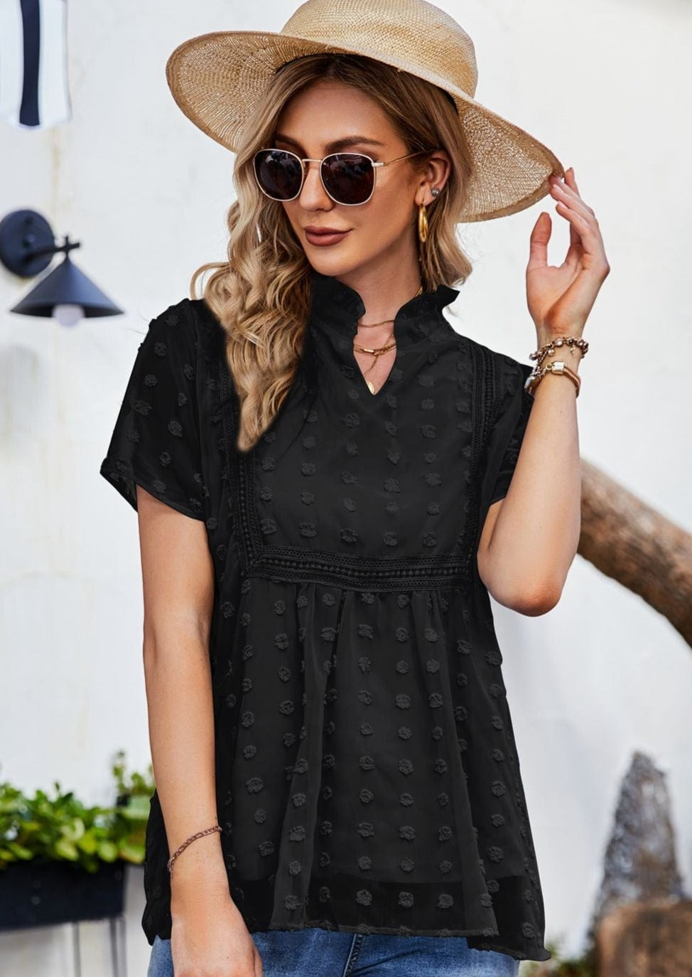 Clip Dot Mandarin Collar Blouse