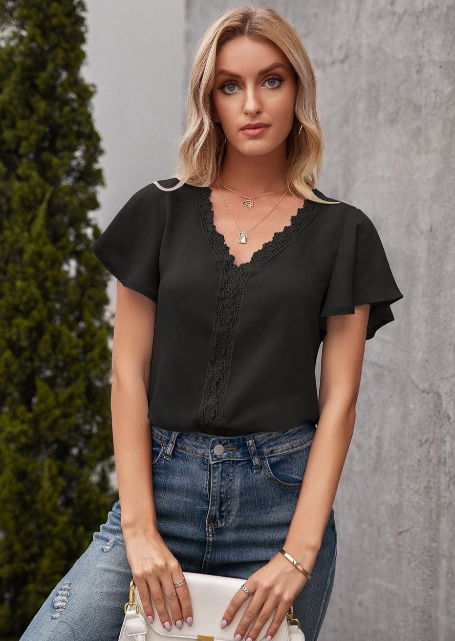 Lace Trim Solid Color Blouse