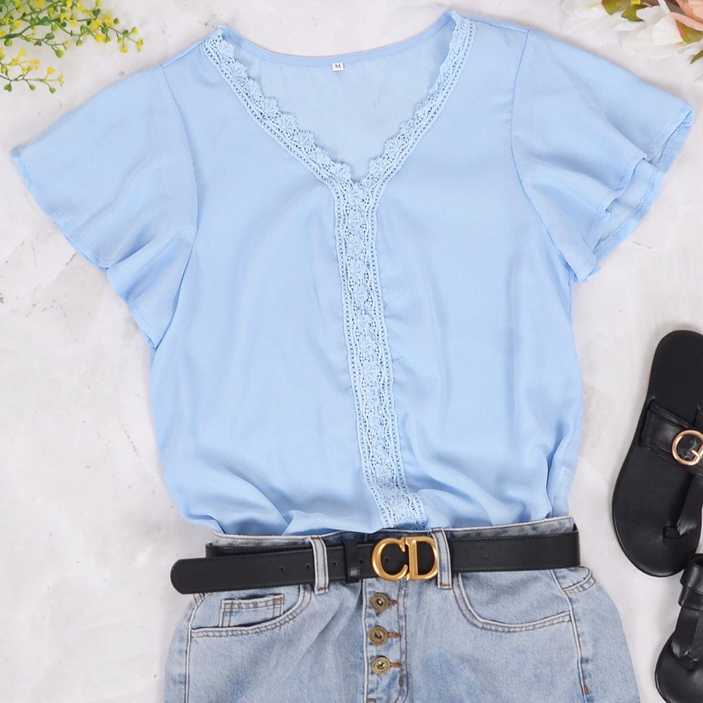 Lace Trim Solid Color Blouse