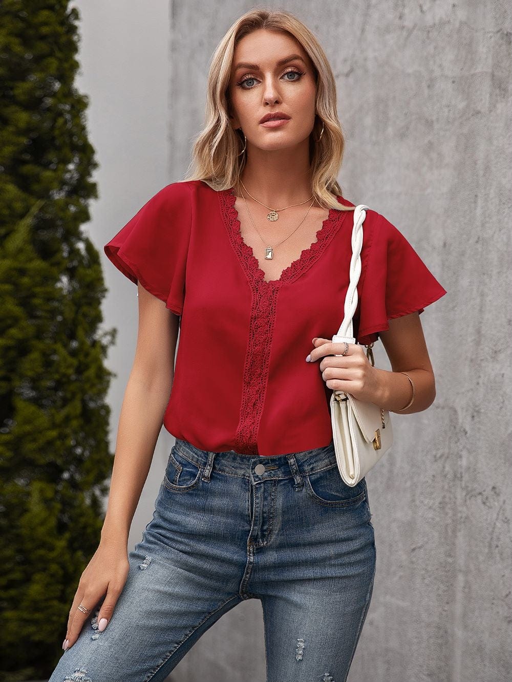 Lace Trim Solid Color Blouse