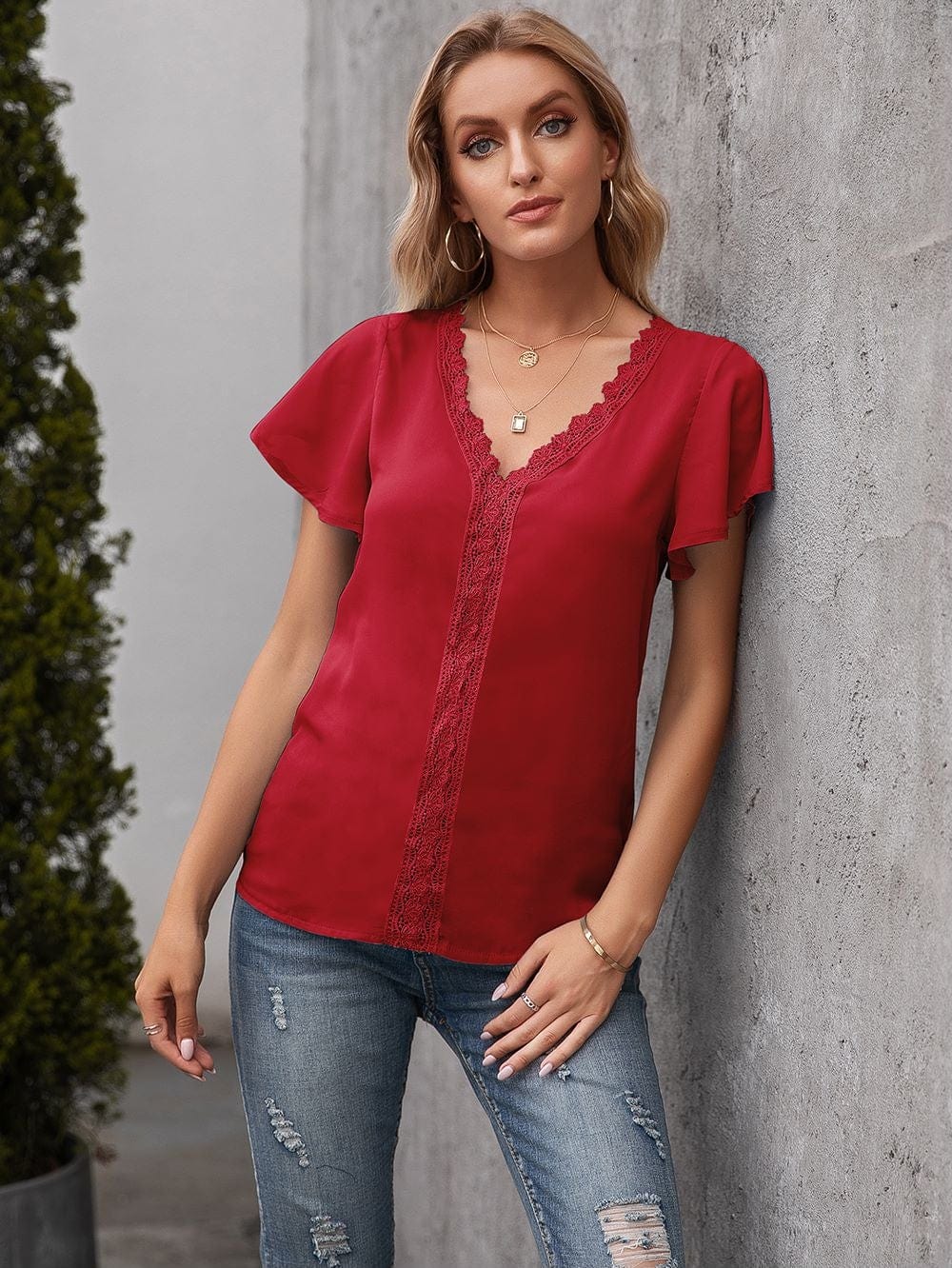 Lace Trim Solid Color Blouse