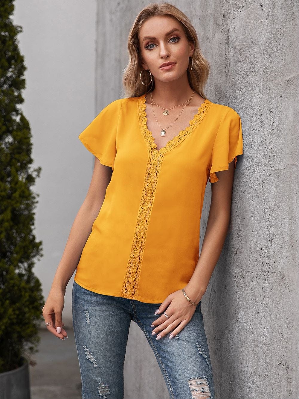 Lace Trim Solid Color Blouse