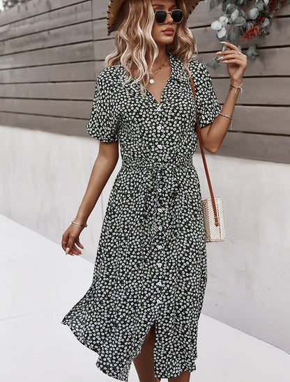 Vestido con cuello fruncido y botones de margaritas