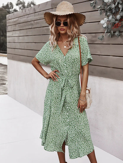 Vestido con cuello fruncido y botones de margaritas