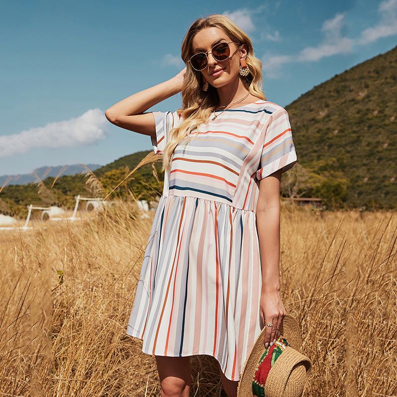 Round Neck Multicolor Striped Dress for Women Above Knee Length Anna Kaci