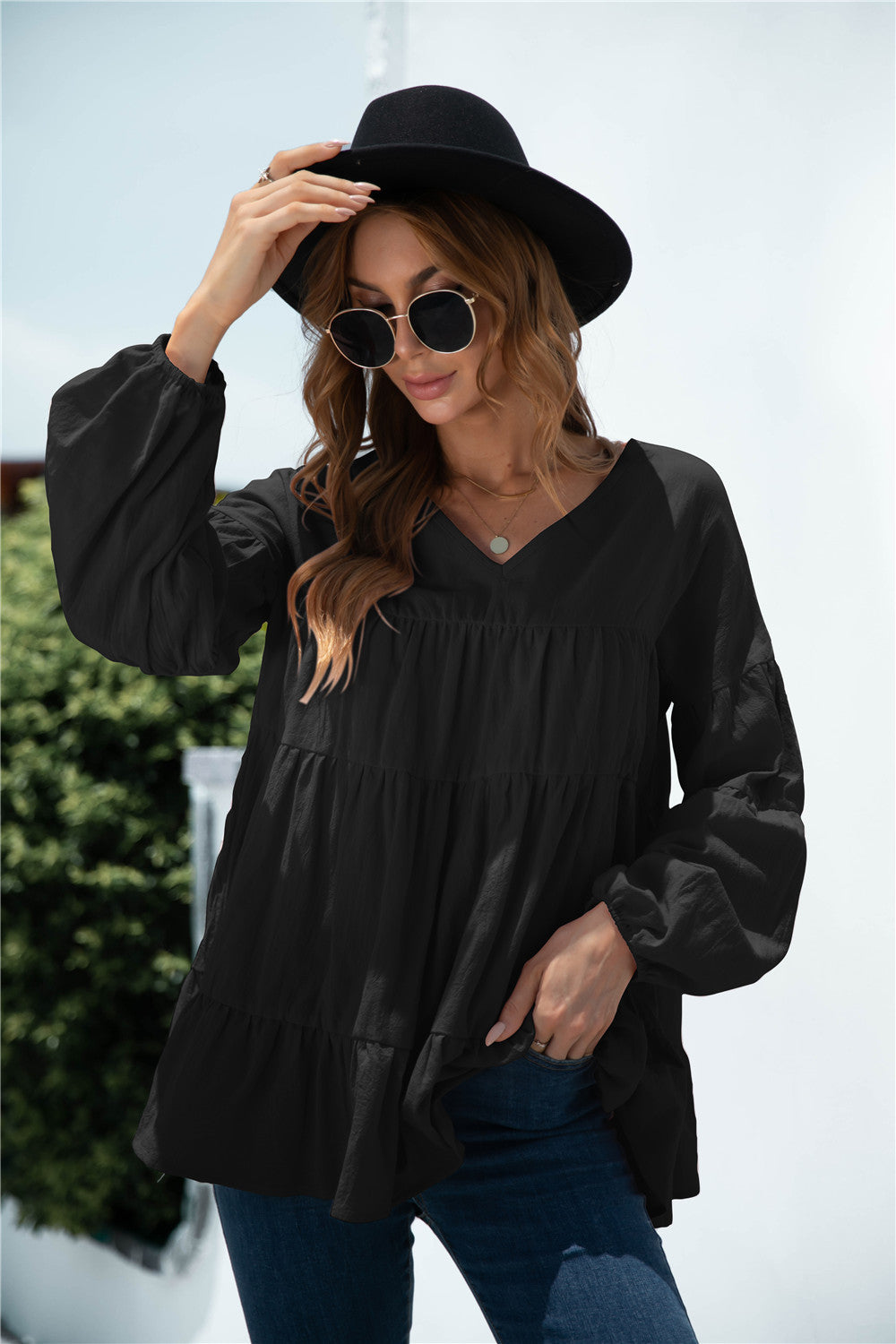 Blusa de transición fruncida con escote en V