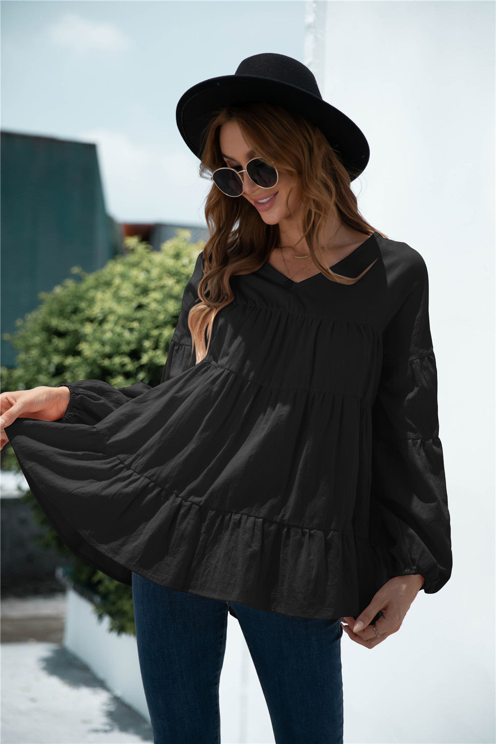 Blusa de transición fruncida con escote en V