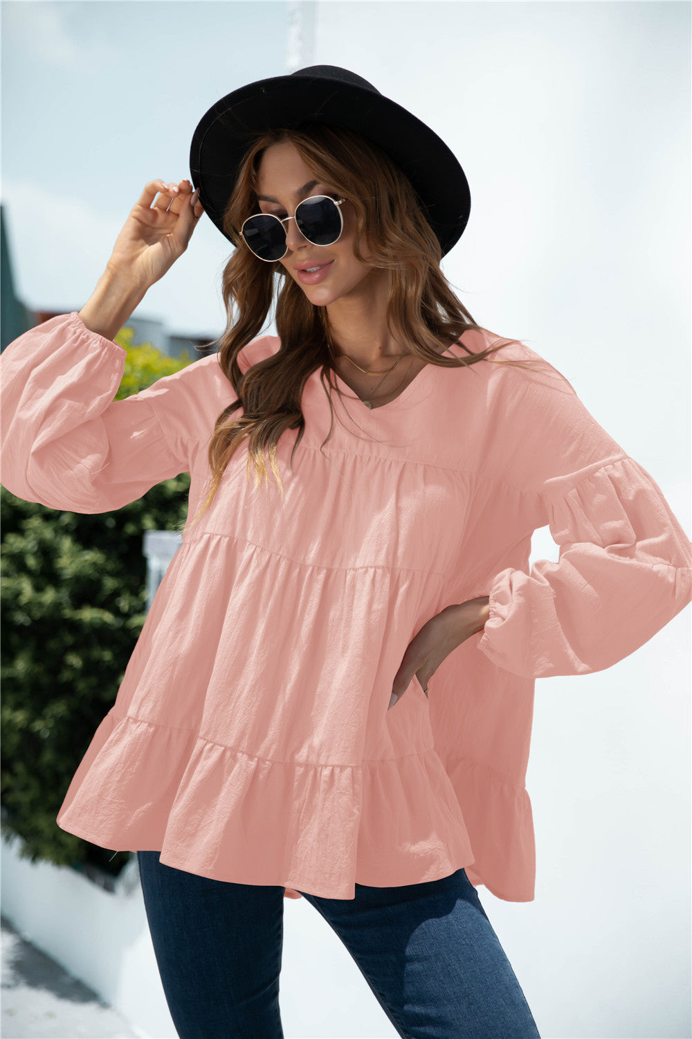 Blusa de transición fruncida con escote en V