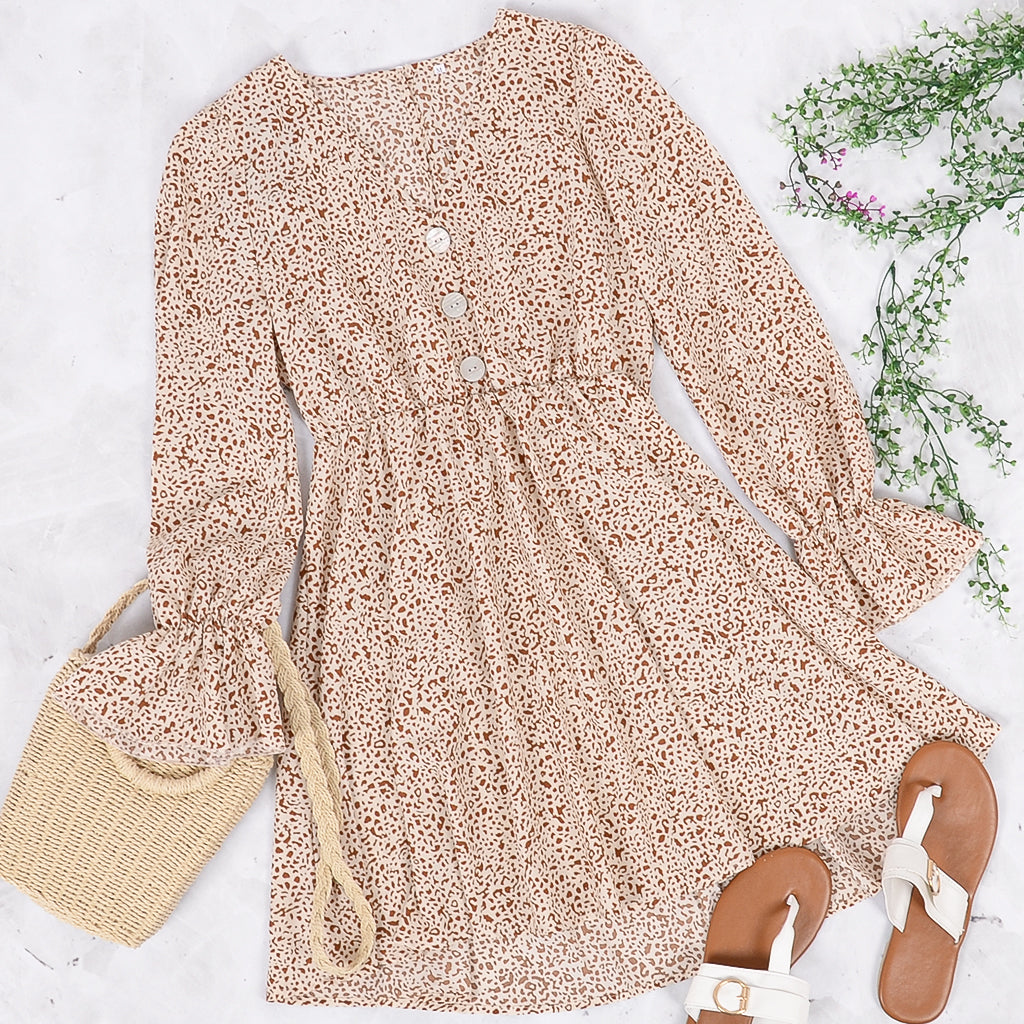 Mixed Dot Print Button Swing Dress