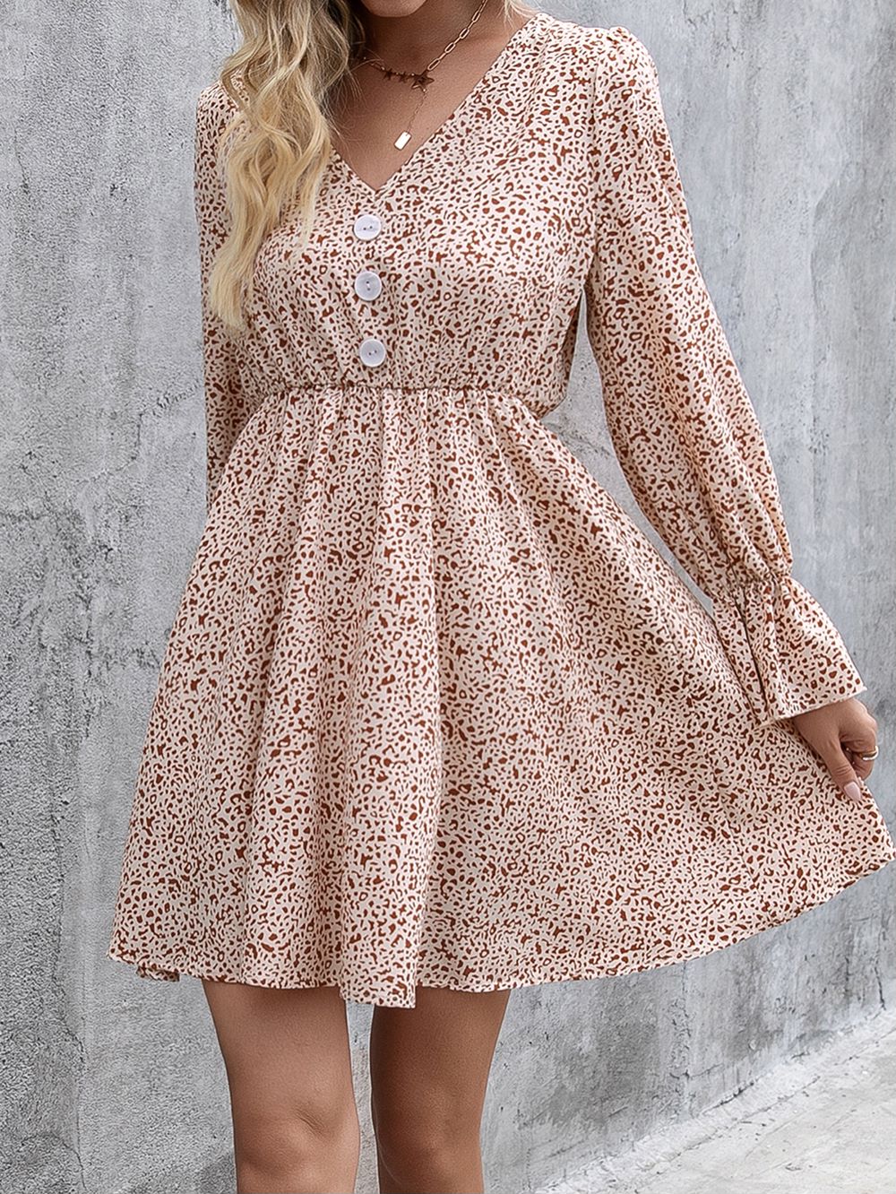 Mixed Dot Print Button Swing Dress
