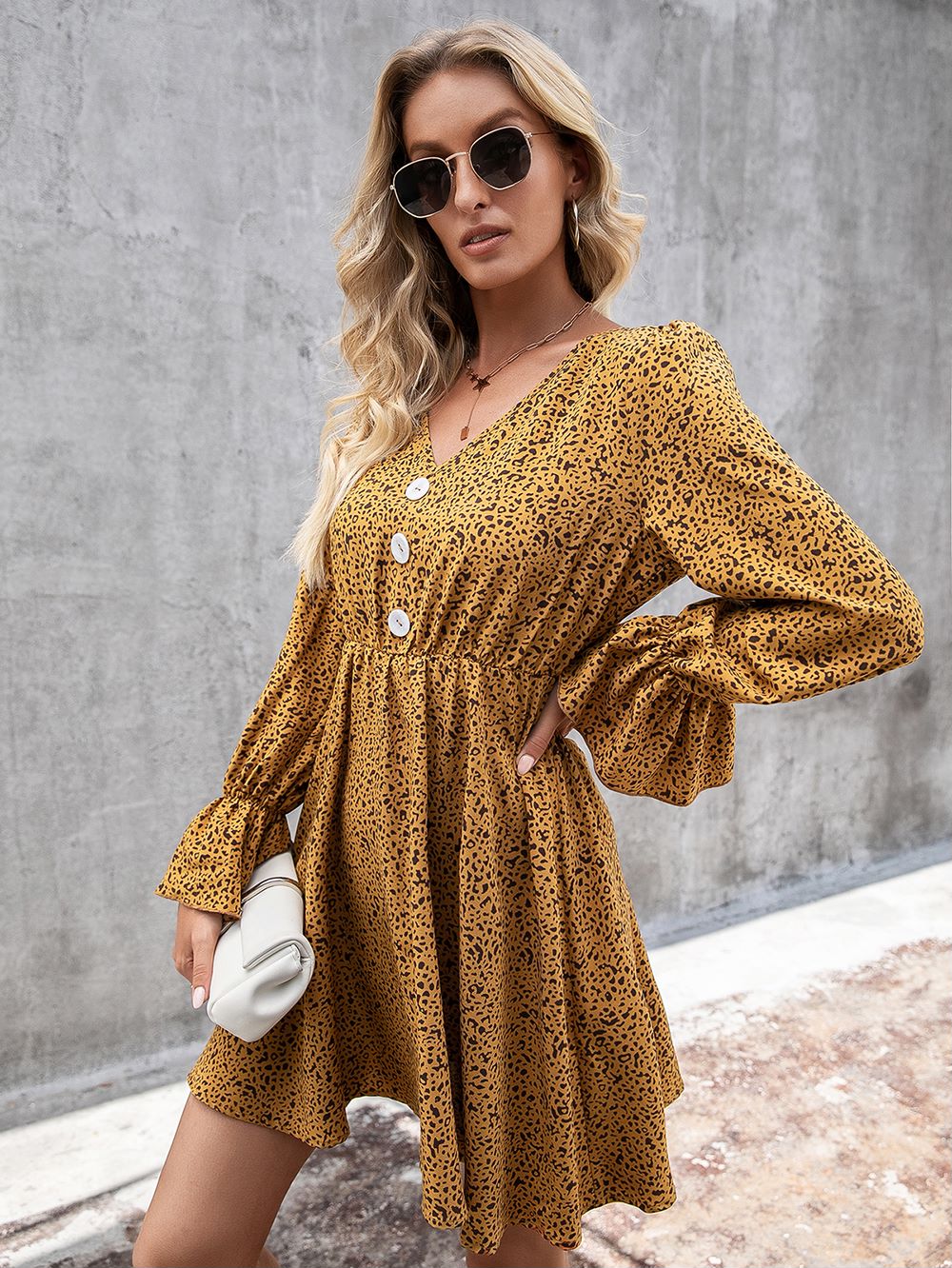 Mixed Dot Print Button Swing Dress