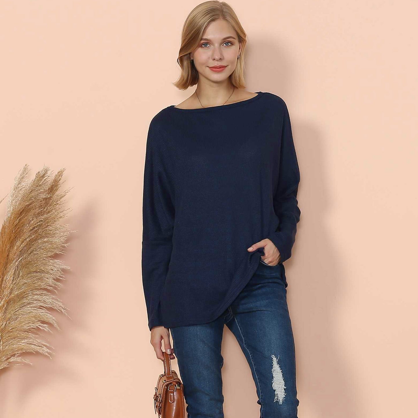 Waffle Knit Off Shoulder Oversized Sweater