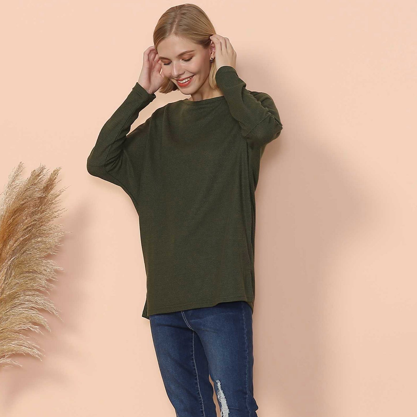 Waffle Knit Off Shoulder Oversized Sweater
