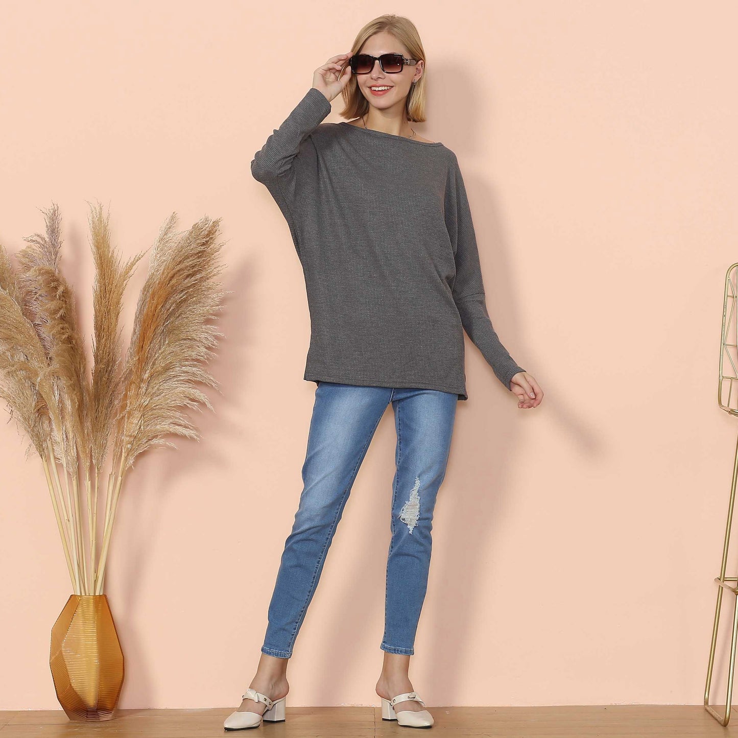 Waffle Knit Off Shoulder Oversized Sweater