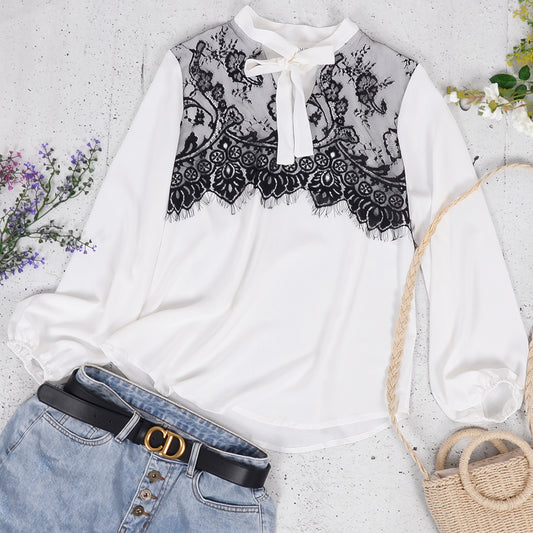Vestido de manga larga con cuello anudado y capas florales