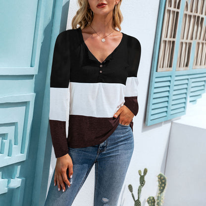 Blusa con escote en V y botones con bloques de color