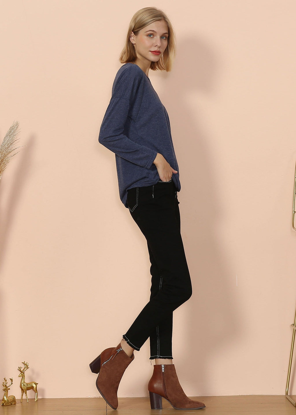 Blusa de manga larga con cuello barco de lujo