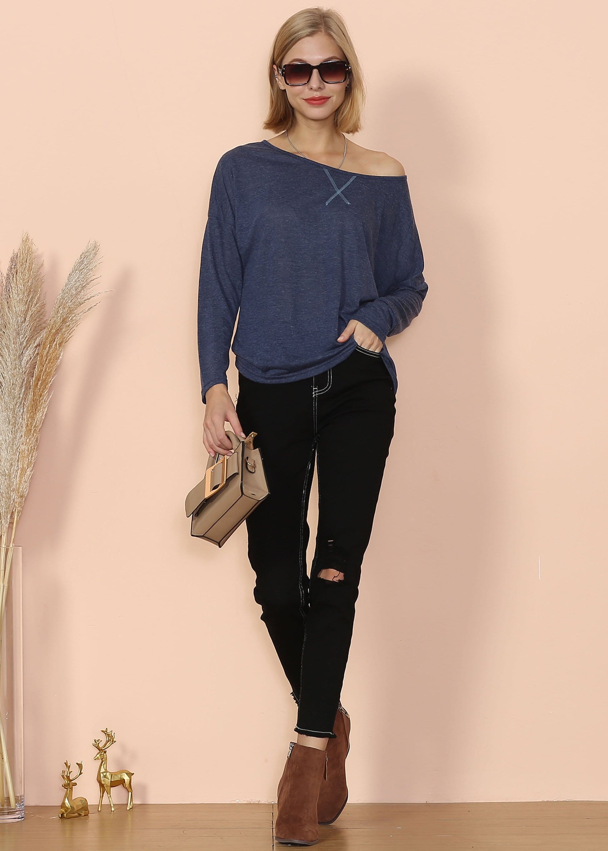 Blusa de manga larga con cuello barco de lujo