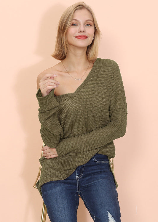 Waffle Knit Pocket Long Sleeve