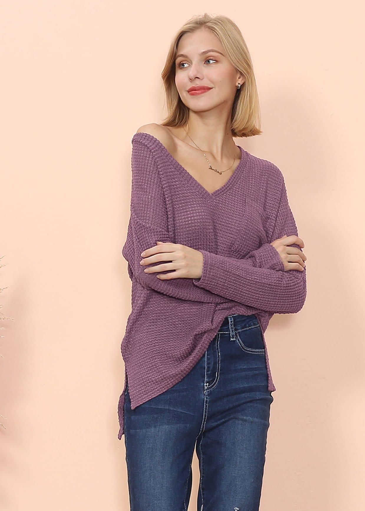 Jersey de manga larga con bolsillo y tejido de gofre
