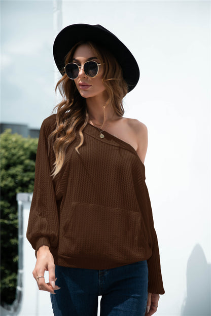 One Shoulder Waffle Knit Sweater