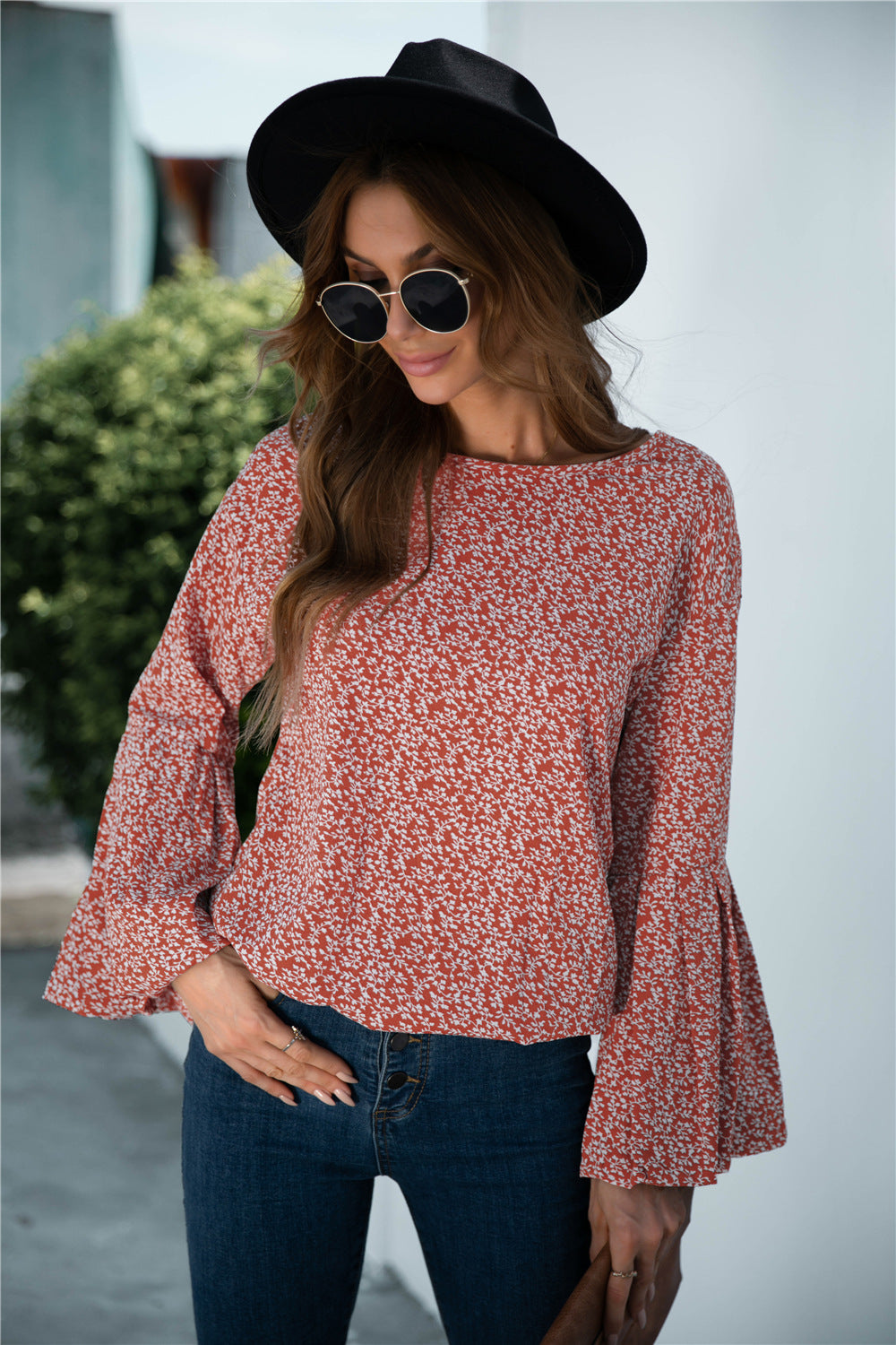 Bell Sleeve Floral Print Blouse
