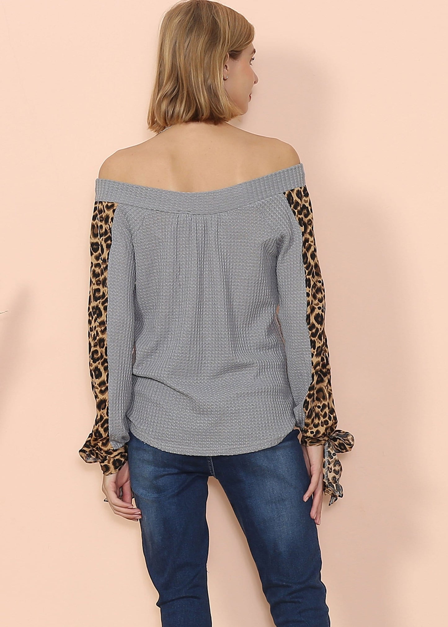 Off Shoulder Leopard Knitted Long Sleeve