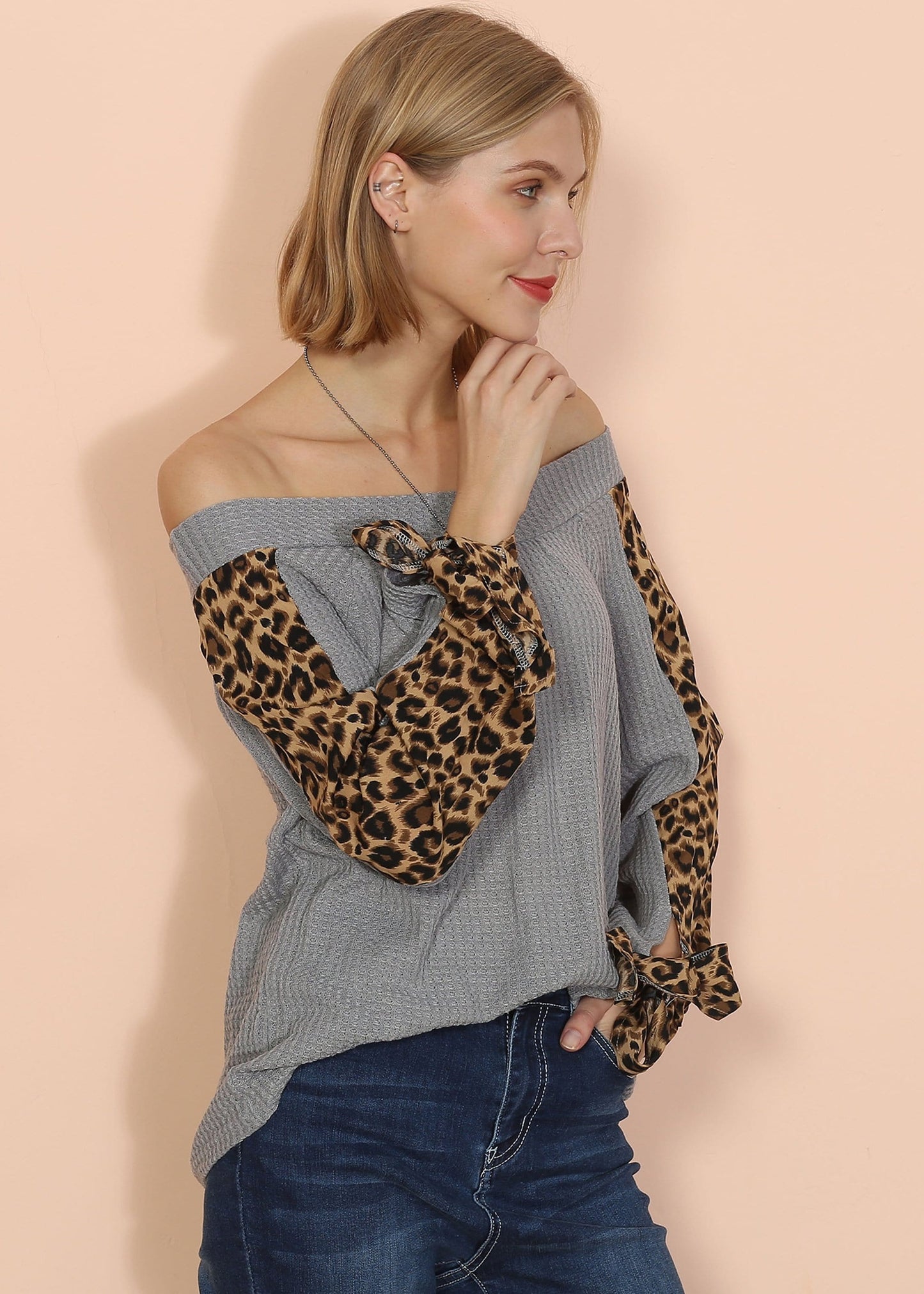 Off Shoulder Leopard Knitted Long Sleeve