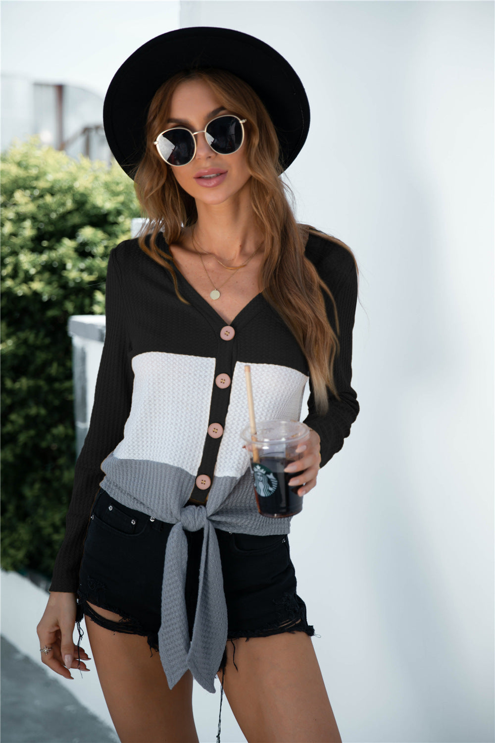 Color Block Button Up Knitted Long Sleeve