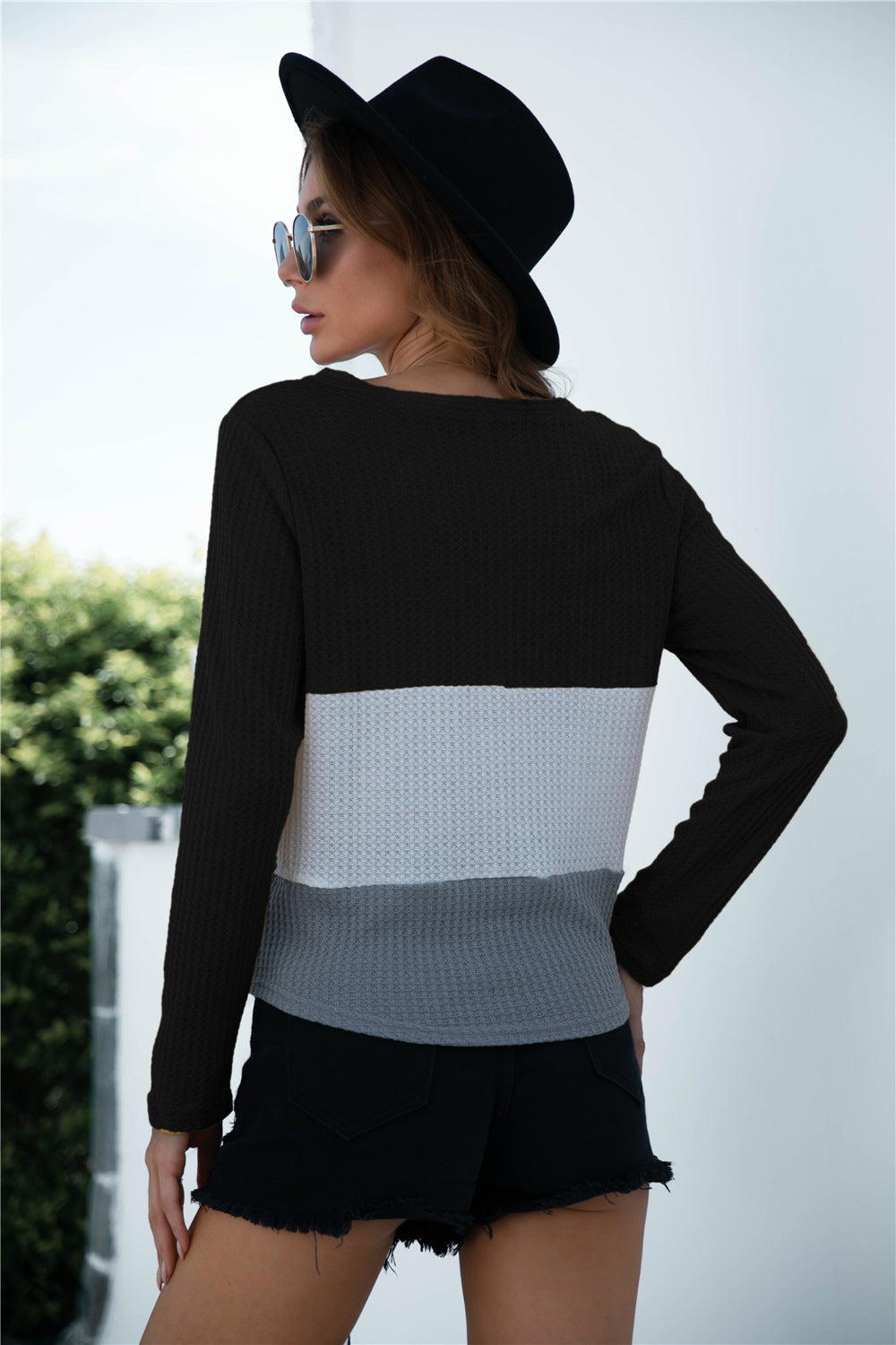 Color Block Button Up Knitted Long Sleeve