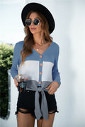 Color Block Button Up Knitted Long Sleeve