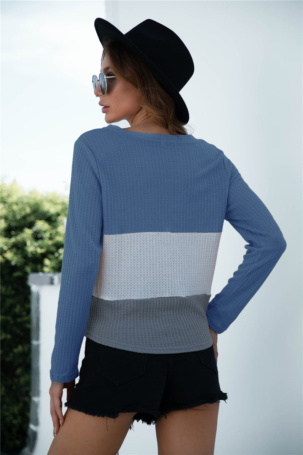Color Block Button Up Knitted Long Sleeve