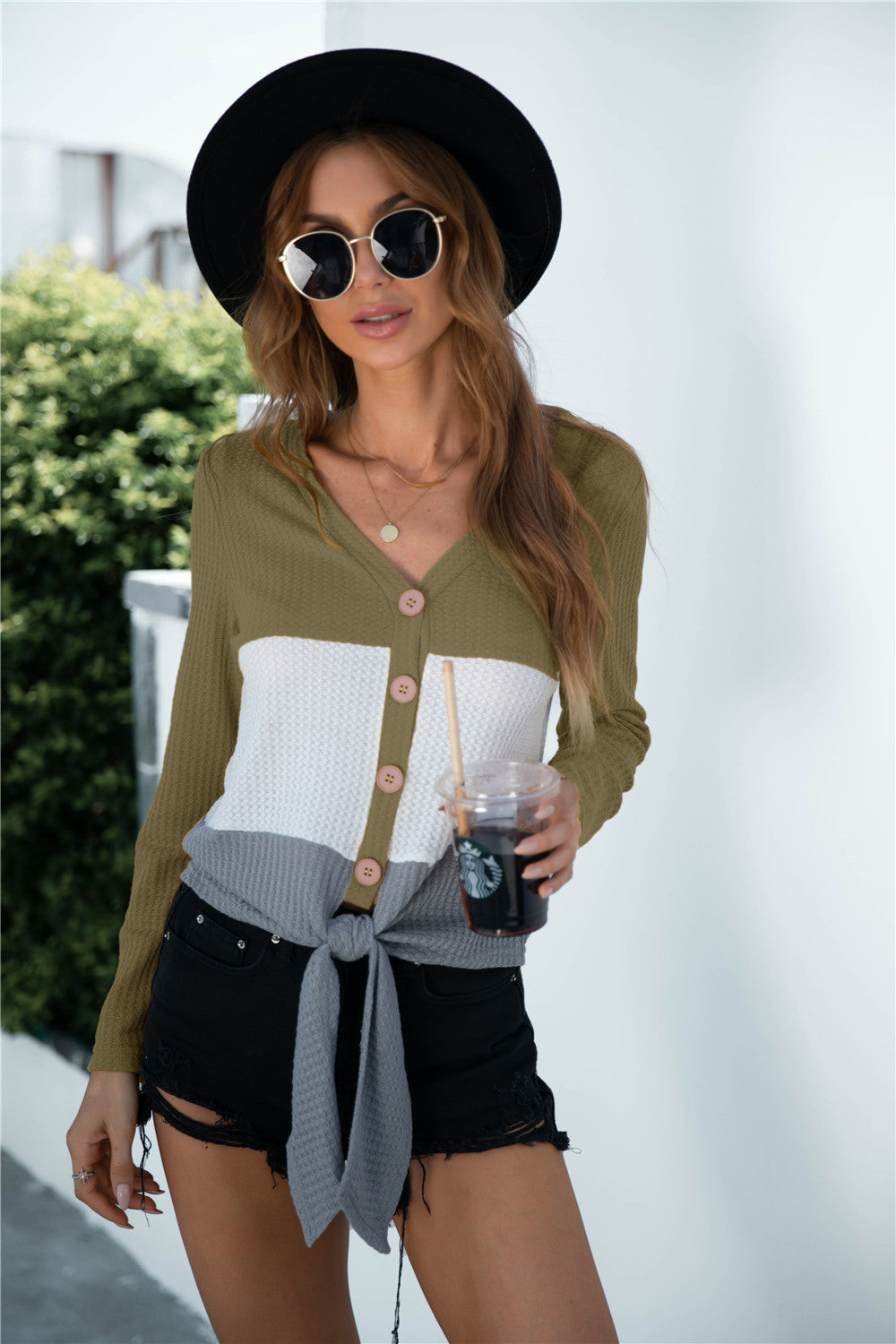 Color Block Button Up Knitted Long Sleeve