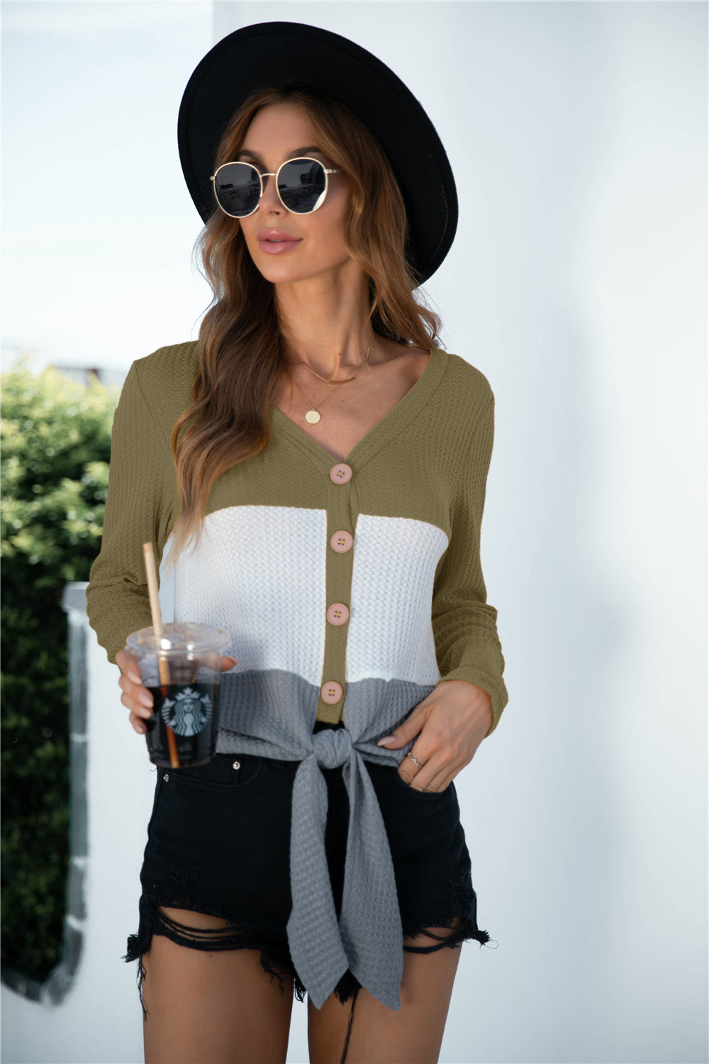 Color Block Button Up Knitted Long Sleeve