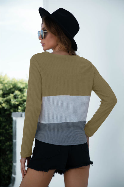 Color Block Button Up Knitted Long Sleeve