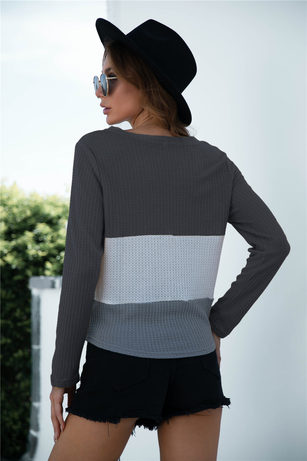 Color Block Button Up Knitted Long Sleeve