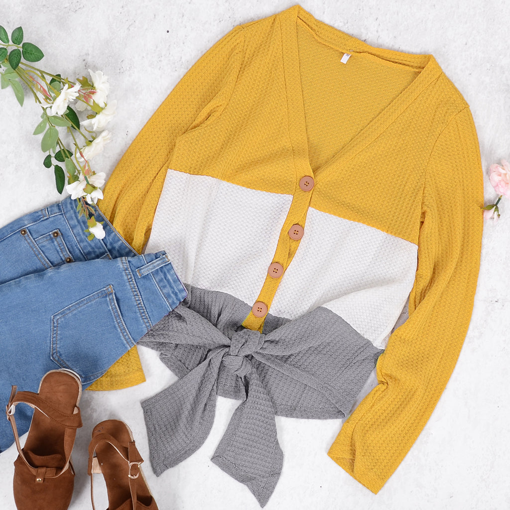 Color Block Button Up Knitted Long Sleeve