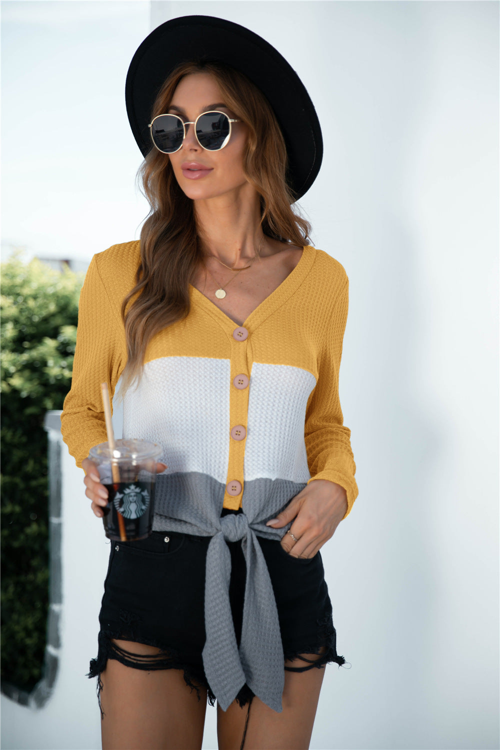 Color Block Button Up Knitted Long Sleeve