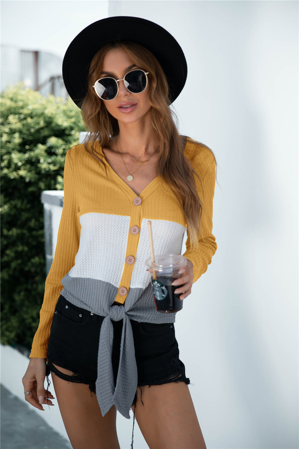 Color Block Button Up Knitted Long Sleeve