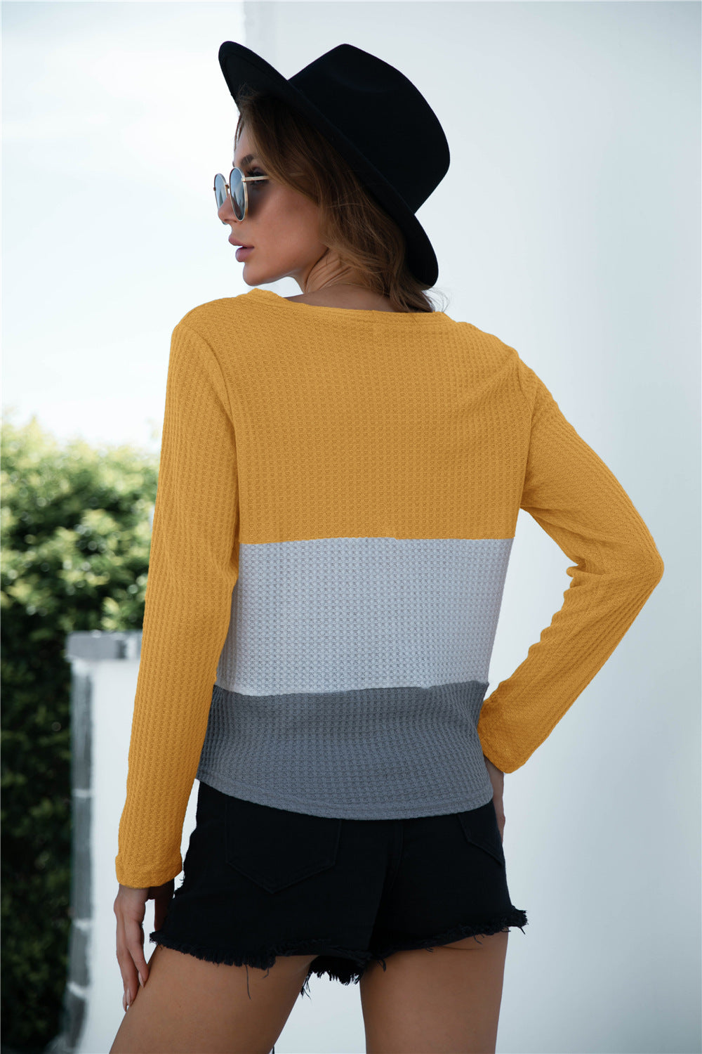 Color Block Button Up Knitted Long Sleeve