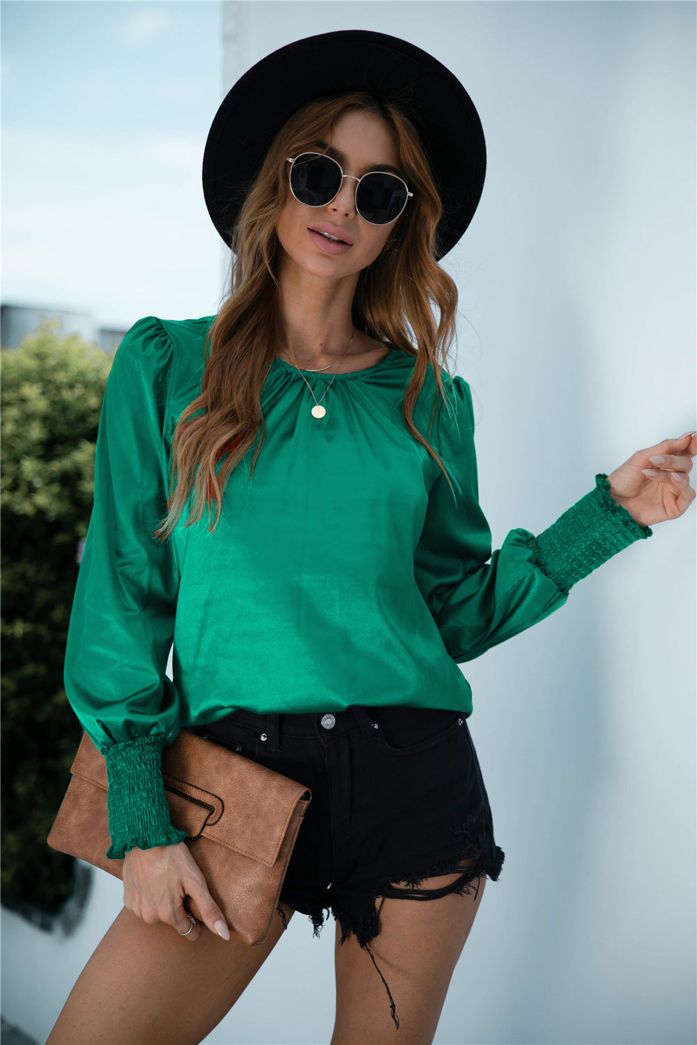 Blusa de manga larga con puños fruncidos Lux