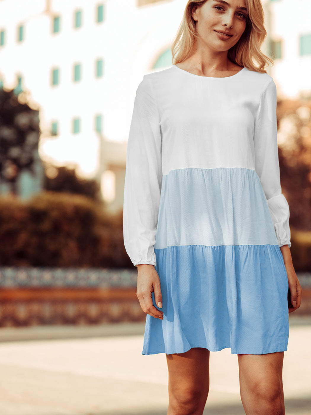 Vestido túnica de manga larga con volantes de colores
