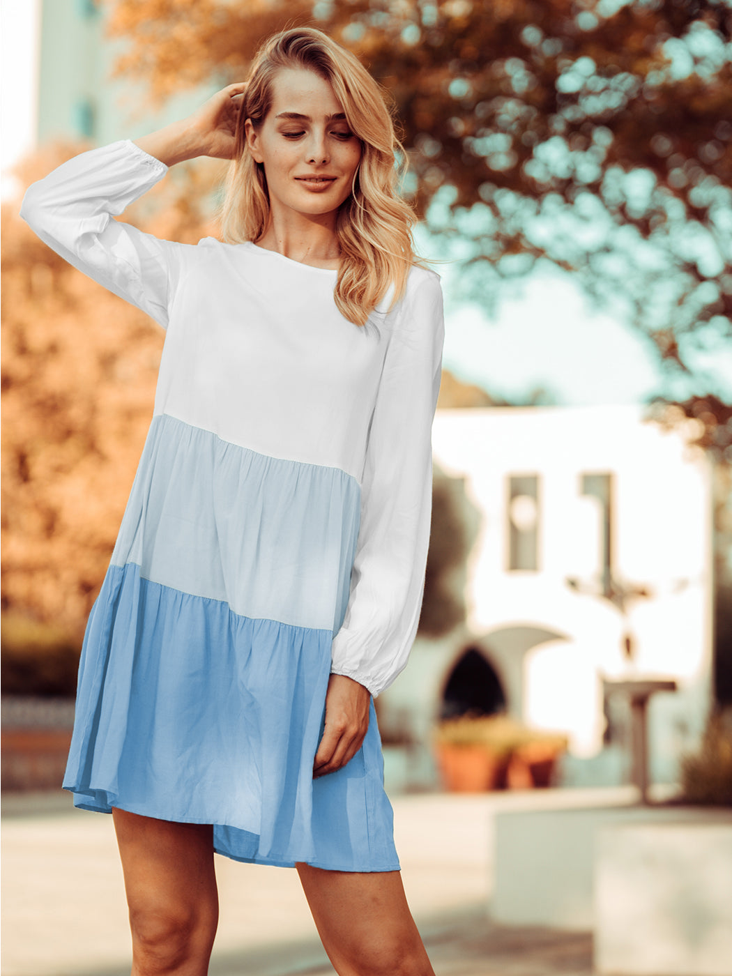 Vestido túnica de manga larga con volantes de colores