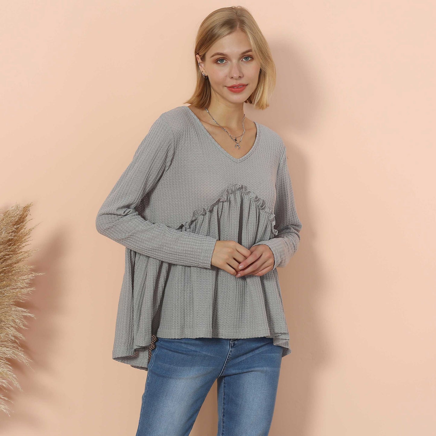 Waffle Knit Cinched Ruffle Long Sleeve