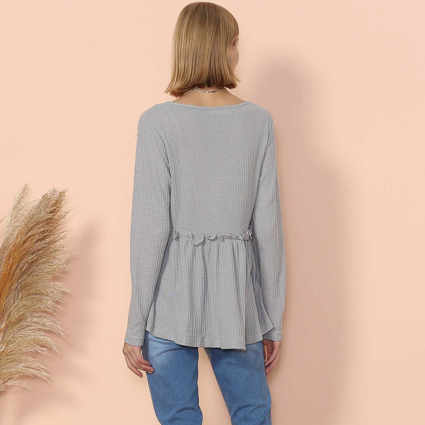 Waffle Knit Cinched Ruffle Long Sleeve