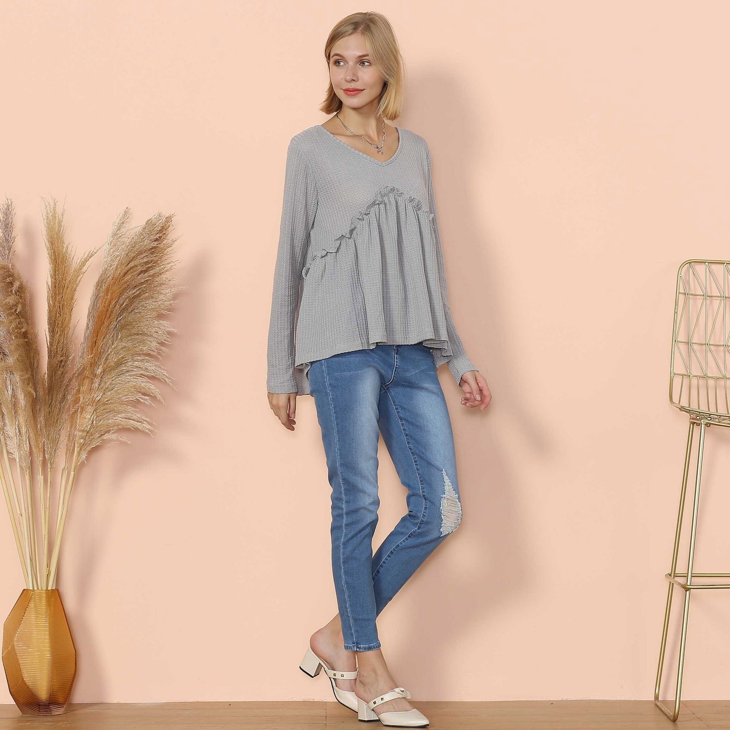 Waffle Knit Cinched Ruffle Long Sleeve