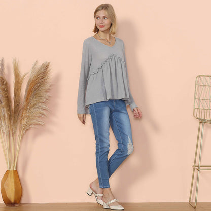 Waffle Knit Cinched Ruffle Long Sleeve