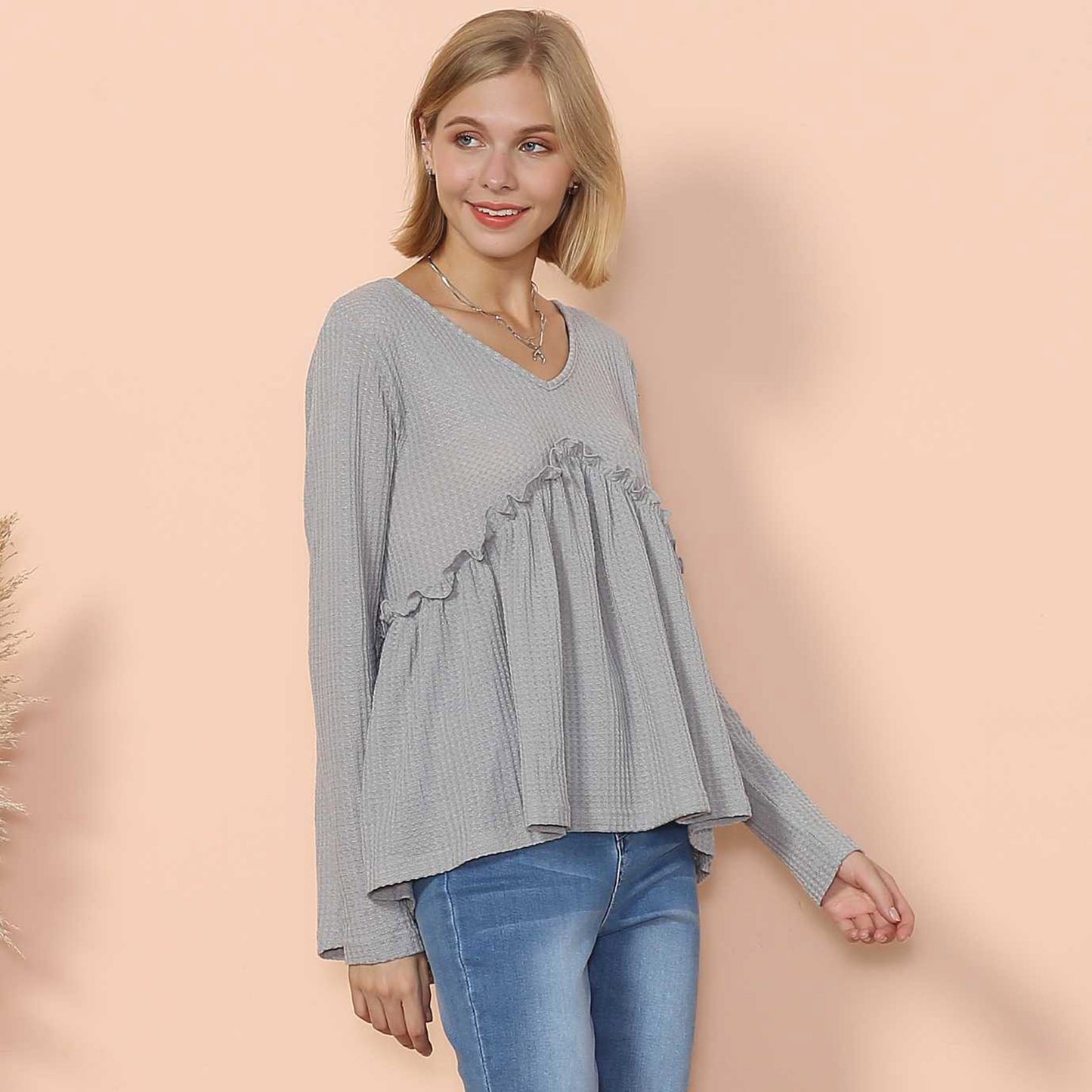 Waffle Knit Cinched Ruffle Long Sleeve