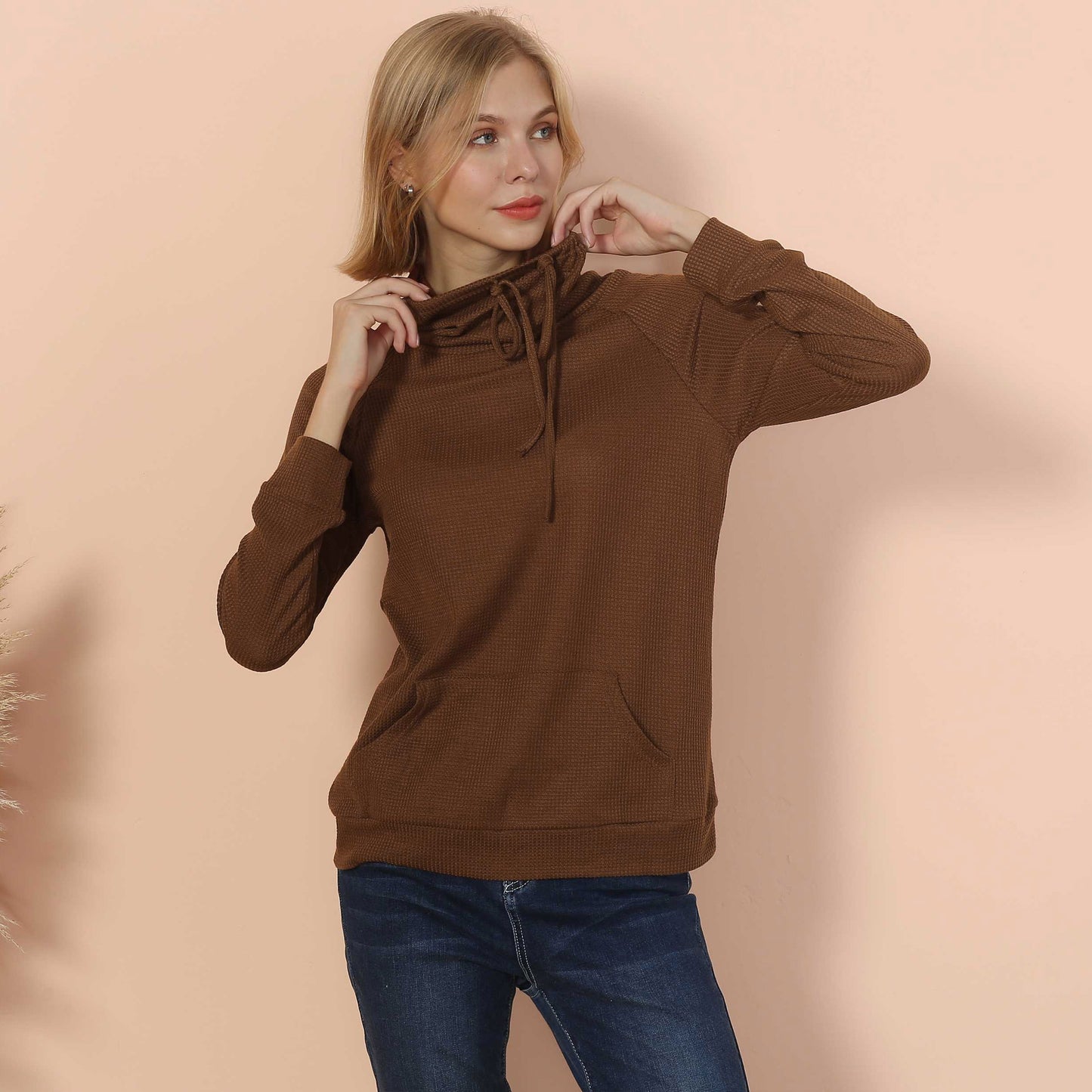 Waffle Knit Cowl Neck Pullover